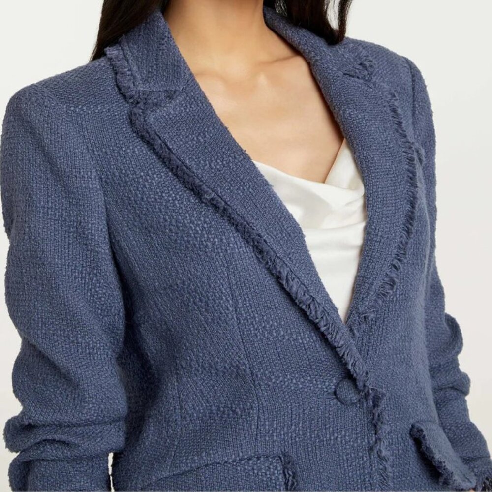 Cinq à Sept Boucle Khloe Tweed Fringe Trim Blazer, Dusty Blue, Size US 0 - Picture 6 of 10